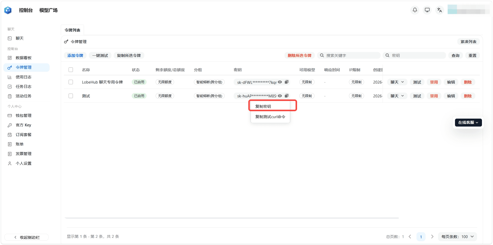 复制 API 密钥